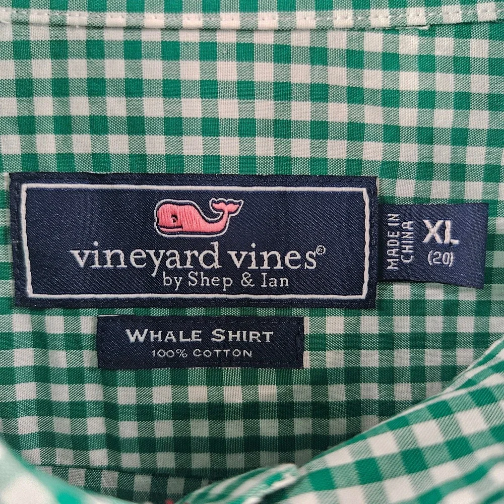 Vineyard Vines Whale Shirt Boys XL Green Gingham Check Button Down Long Sleeve